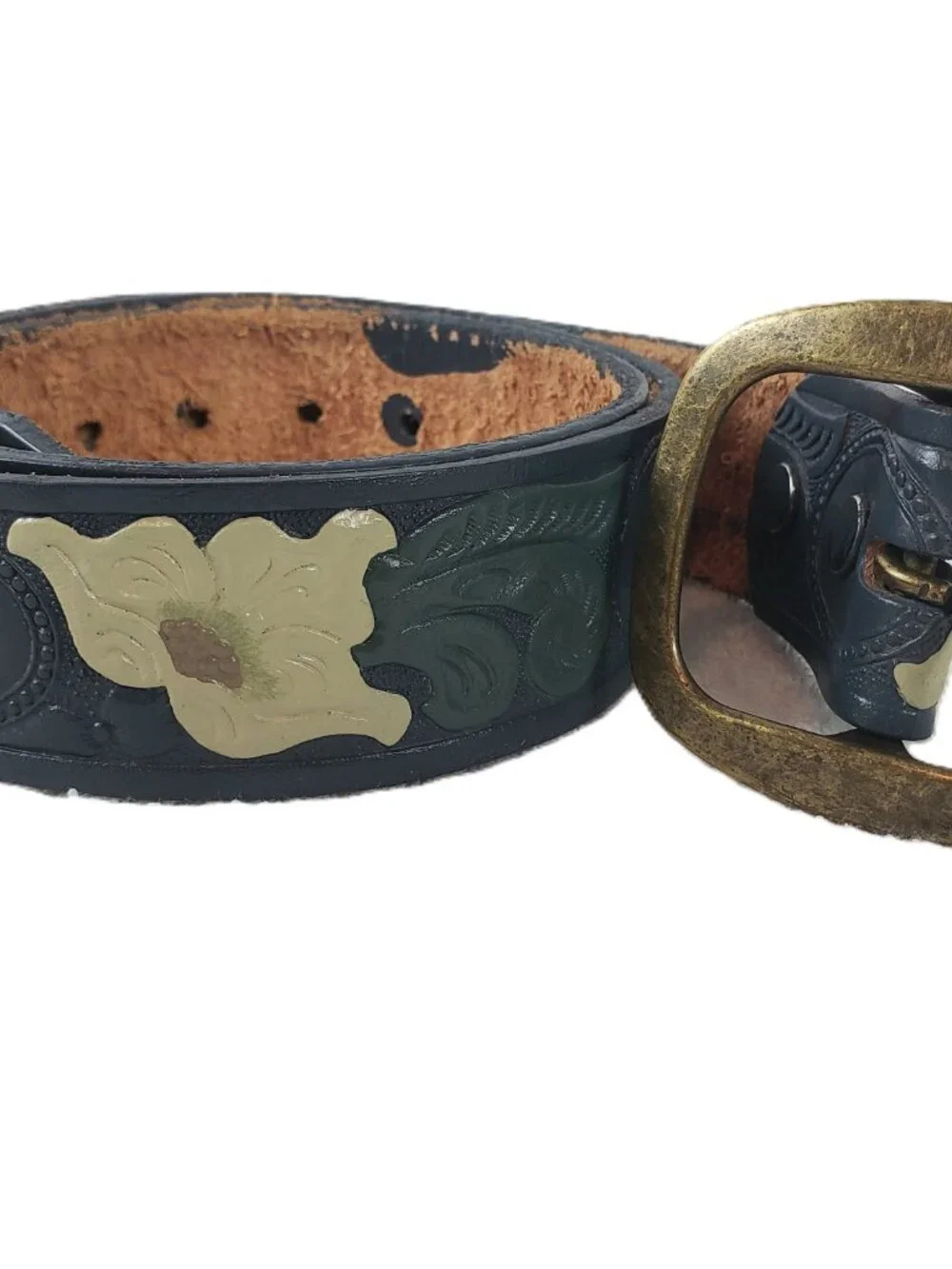 Beth Frank Hand‑Tooled Leather Belt – Floral Design – Size 36